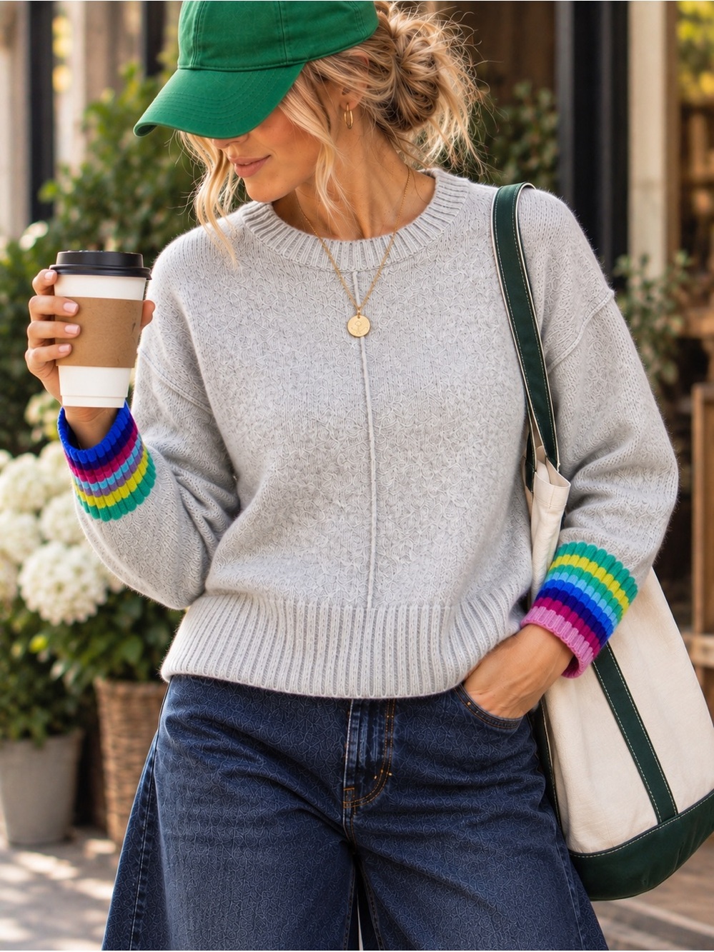 Alashan Light Gray Crewneck Cashmere Sweater with Rainbow Stripe Cuffs-medium